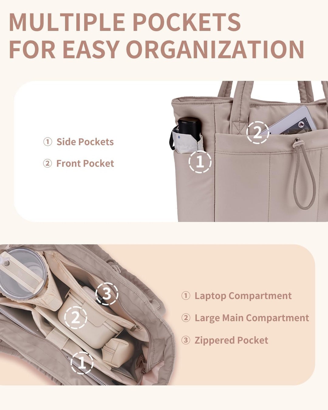 Women's versatile quilted puffer tote for work, travel, & daily use with laptop protection.