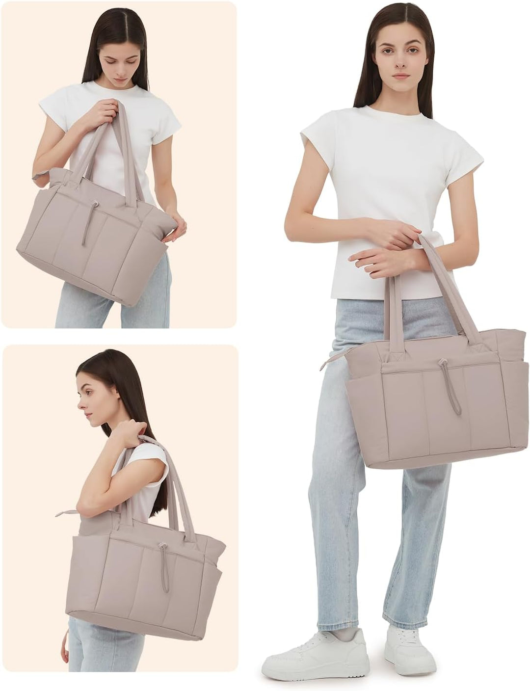 Spacious women's puffer tote, quilted, perfect for carrying laptop & daily essentials.