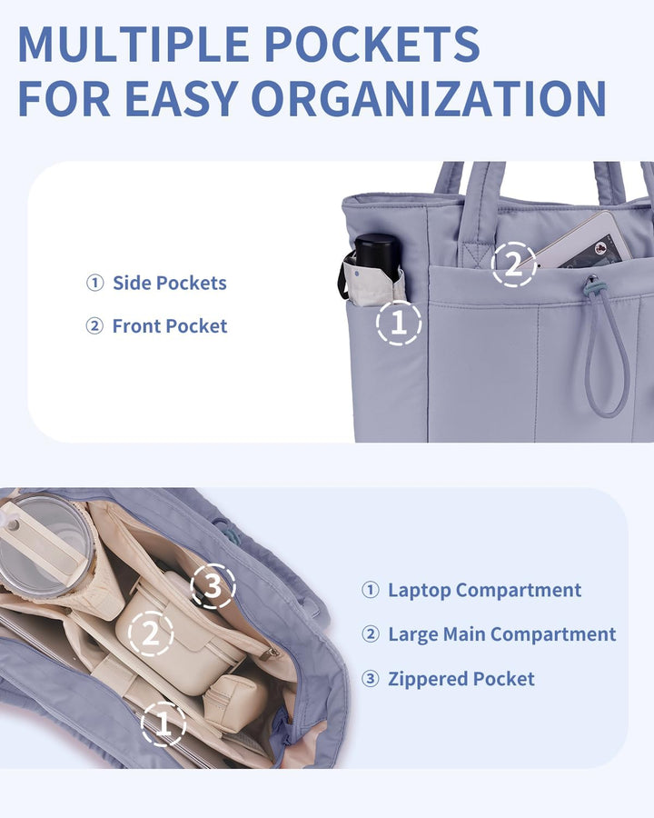 Durable women's quilted puffer tote bag for laptops, work, and extensive travel.
