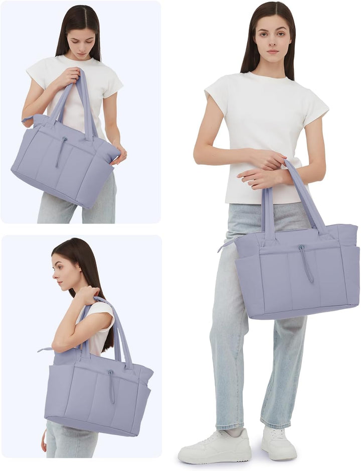 Women's versatile puffer tote, quilted, with laptop sleeve & cup holder, for any occasion.