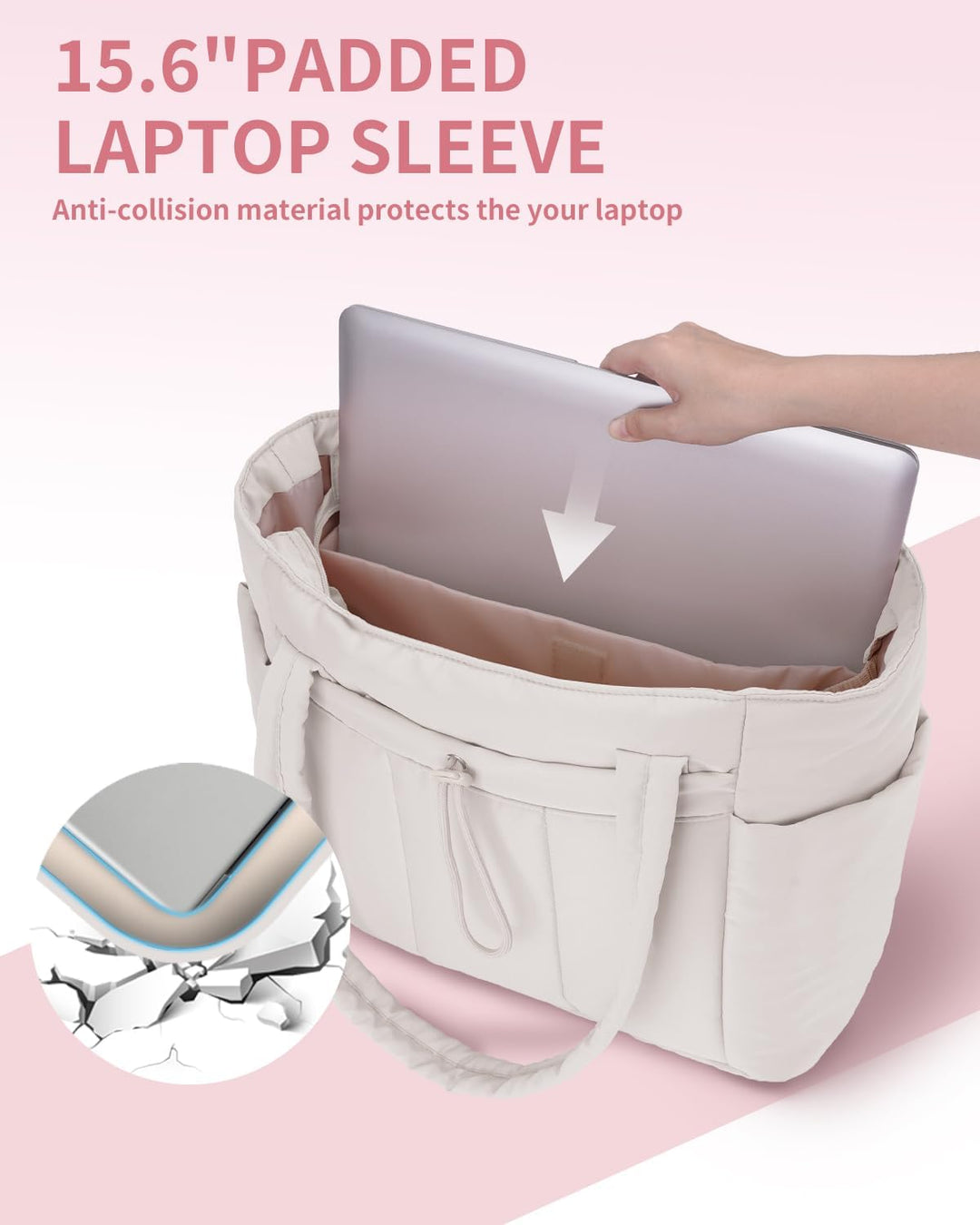 Quilted puffer laptop bag for women, ideal for work, travel, and everyday essentials.