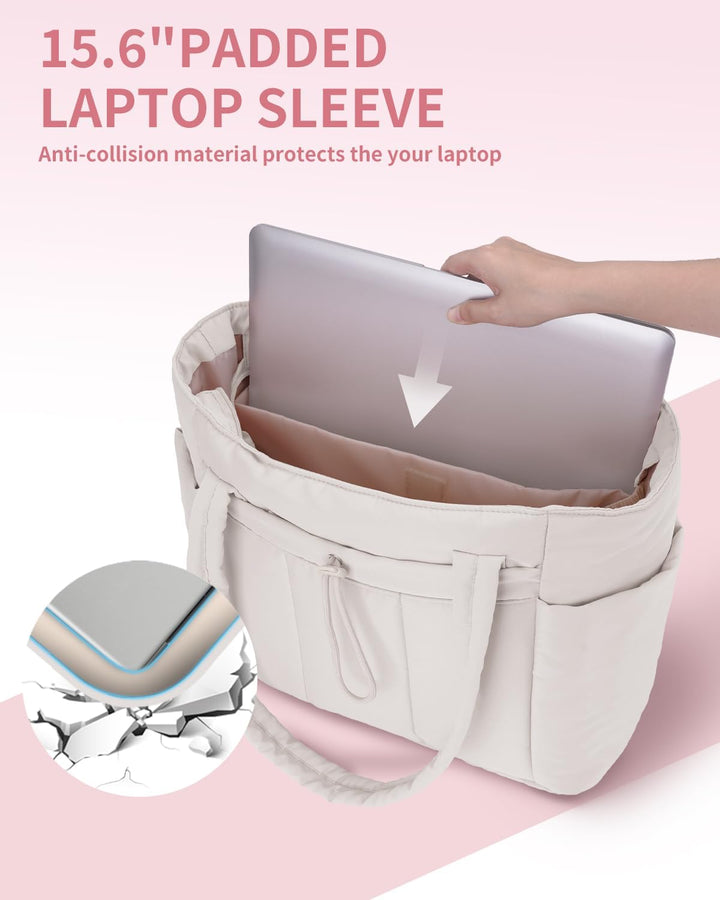 Quilted puffer laptop bag for women, ideal for work, travel, and everyday essentials.
