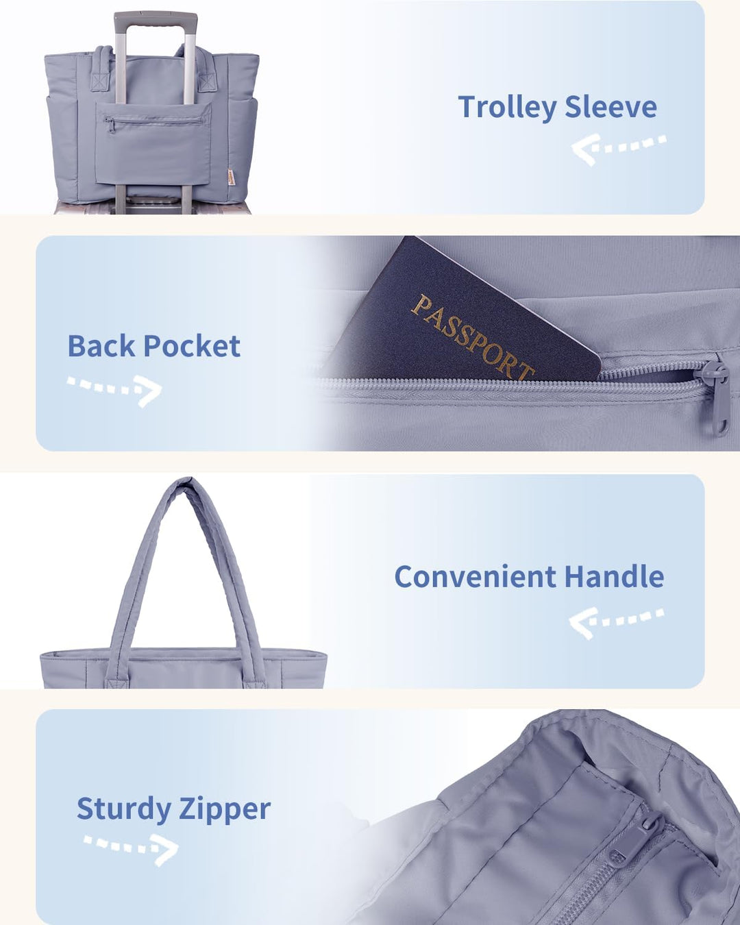 Travel-friendly women's quilted tote, puffer style, includes laptop storage & luggage sleeve.