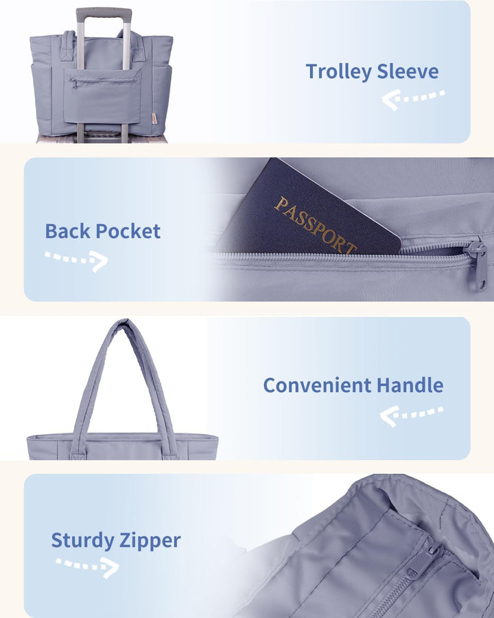 Travel-friendly women's quilted tote, puffer style, includes laptop storage & luggage sleeve.
