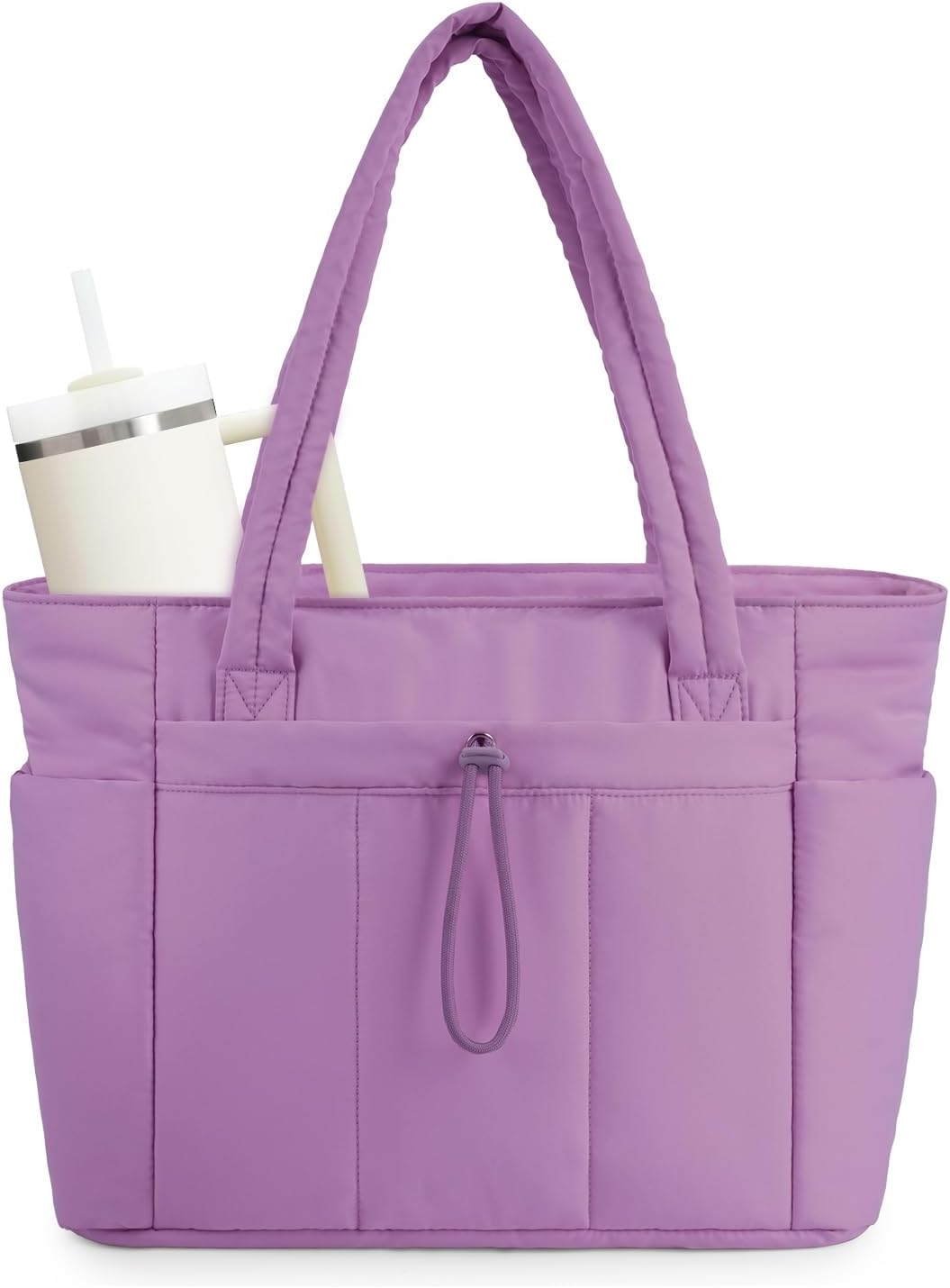 Quilted puffer laptop carryall for women, ideal for daily commutes & business trips.