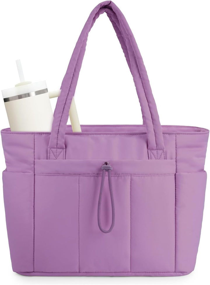 Quilted puffer laptop carryall for women, ideal for daily commutes & business trips.