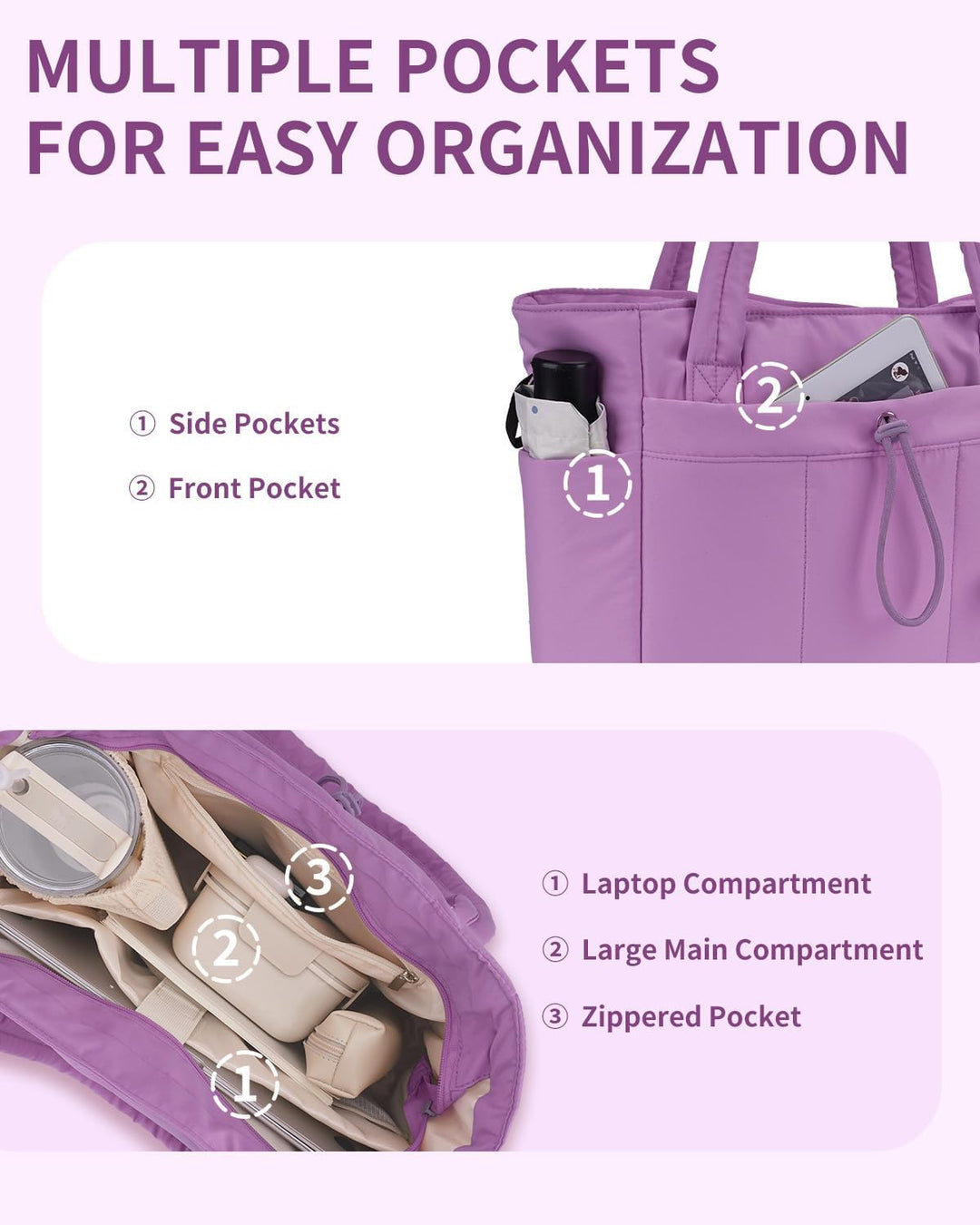 Puffer travel tote for women: quilted, spacious, includes laptop sleeve & cup holder.