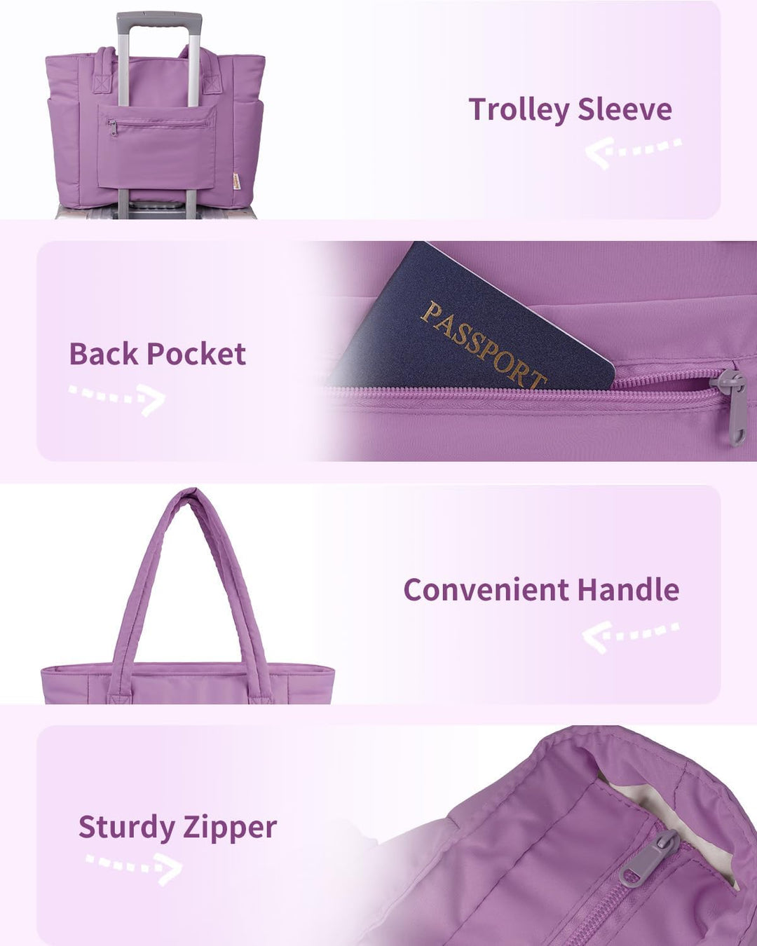 Quilted puffer women's travel tote, featuring secure laptop storage & drink holder.