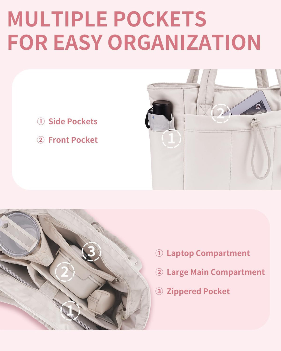 Travel-friendly women's quilted puffer tote featuring a luggage sleeve & laptop compartment.
