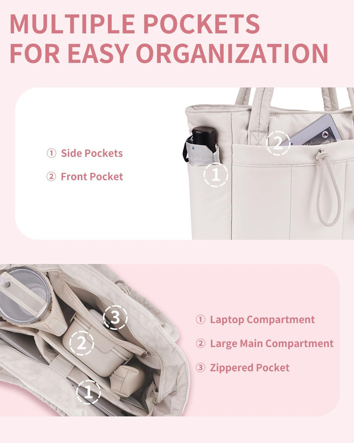 Travel-friendly women's quilted puffer tote featuring a luggage sleeve & laptop compartment.