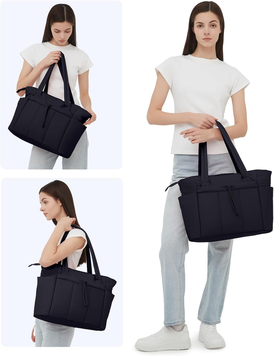 Travel-ready women's work bag: quilted puffer, with luggage sleeve & laptop section.