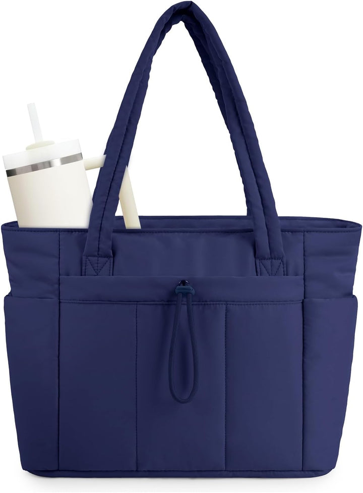 Women's versatile puffer tote, quilted, with laptop sleeve & cup holder, for all occasions.