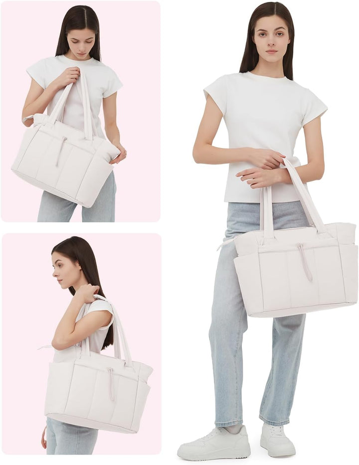 Versatile women's work bag: quilted puffer tote with laptop sleeve & water bottle holder.