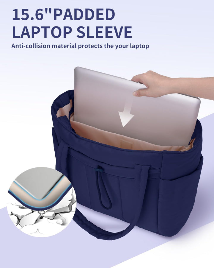 Travel-friendly women's quilted tote, puffer style, includes laptop compartment & luggage sleeve.