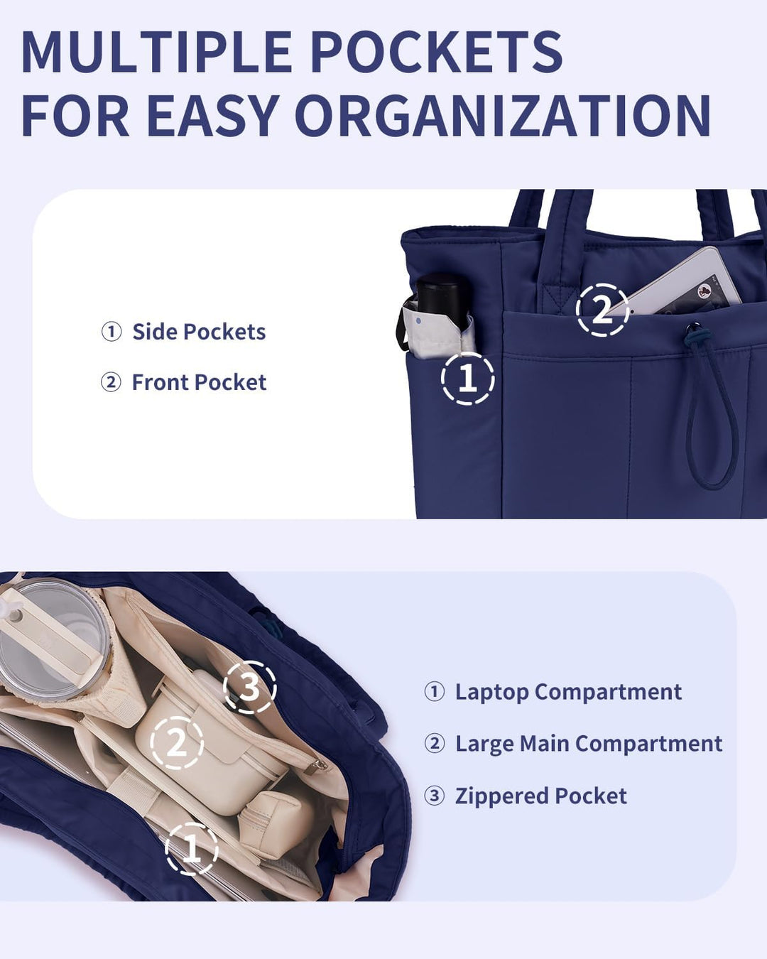 Women's work tote bag: quilted puffer, perfect for laptops, includes a convenient cup holder.