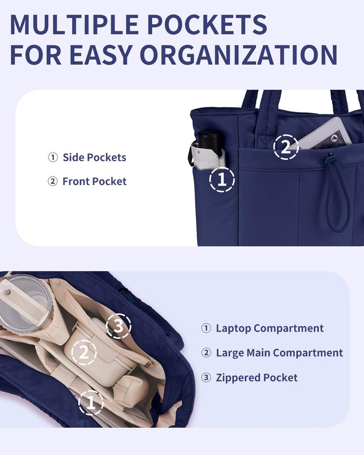 Women's work tote bag: quilted puffer, perfect for laptops, includes a convenient cup holder.