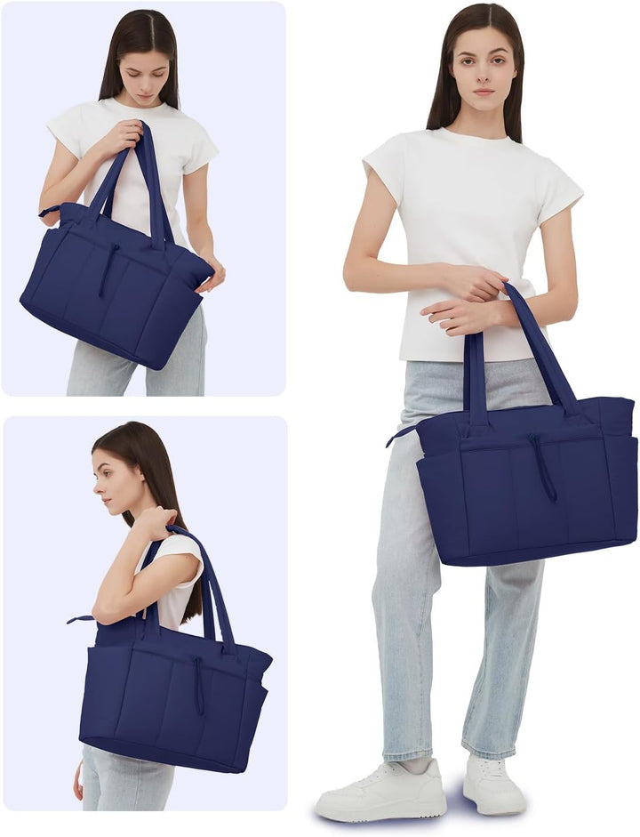 Quilted puffer laptop carryall for women, ideal for daily commutes & short business trips.