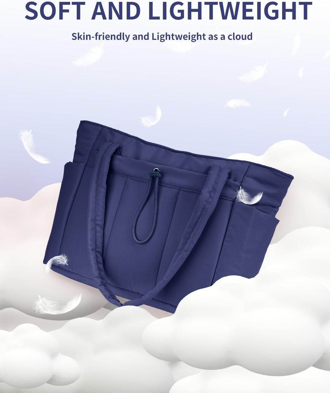 Stylish women's shoulder tote, quilted puffer, for work, travel, & securely carrying a laptop.