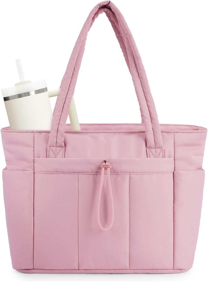 Functional women's puffer tote with laptop sleeve, cup holder, & luggage pass-through.