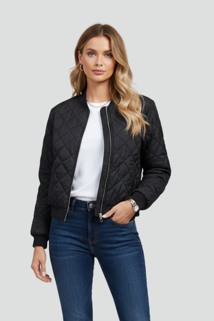 Comfortable women's quilted zip jacket, perfect lightweight outerwear for fall and spring layering.