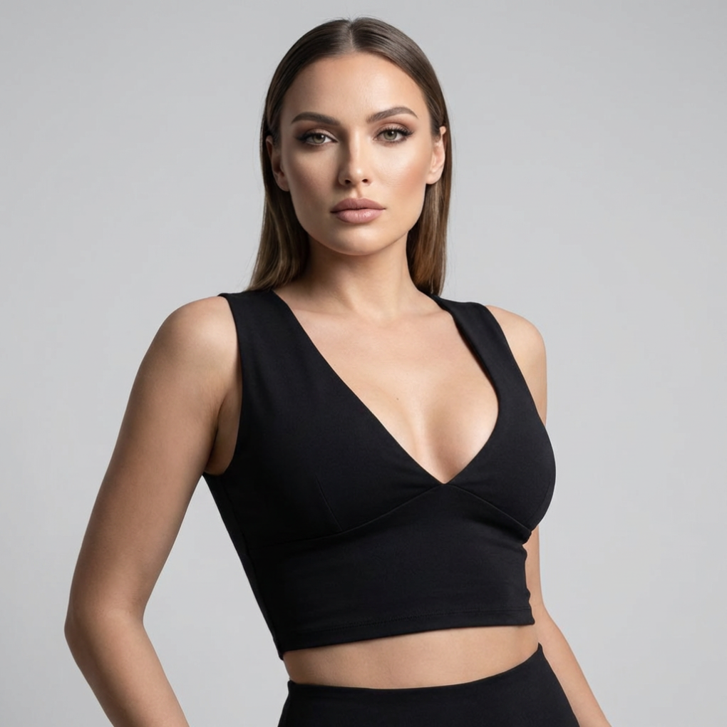 Women's racerback cutout crop top with a deep V-neck, perfect for stylish summer fashion and warm weather.