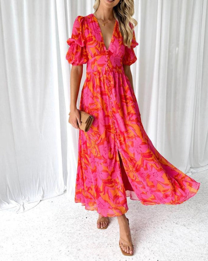 Women's Radiant Flowy Maxi Dress with V-neck & elegant puff sleeves, perfect for summer occasions & day-to-night wear.