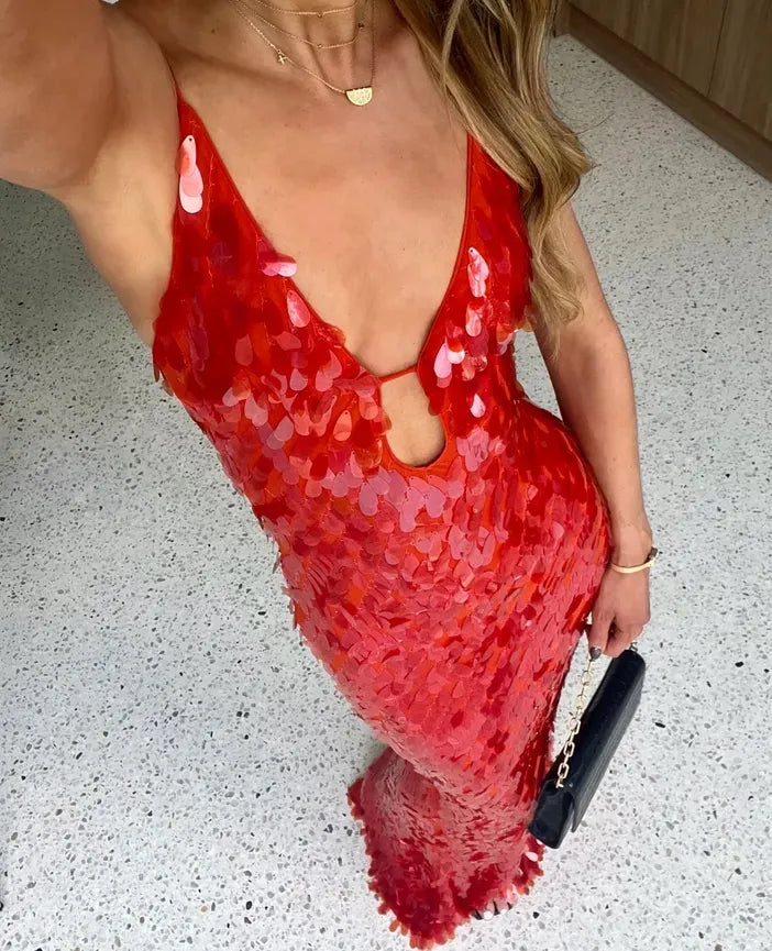 V-neck red sequin spaghetti strap mermaid dress, an elegant backless gown for homecoming or prom.