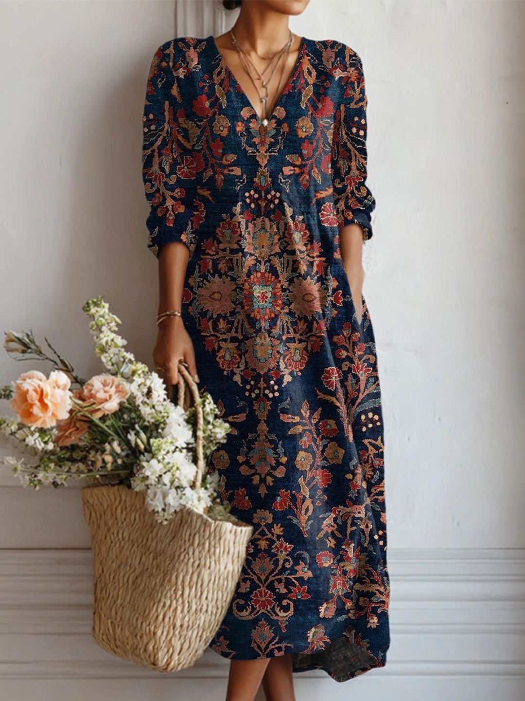 Women's regular fit A-line midi dress with long sleeves for comfortable casual daily wear and everyday style.