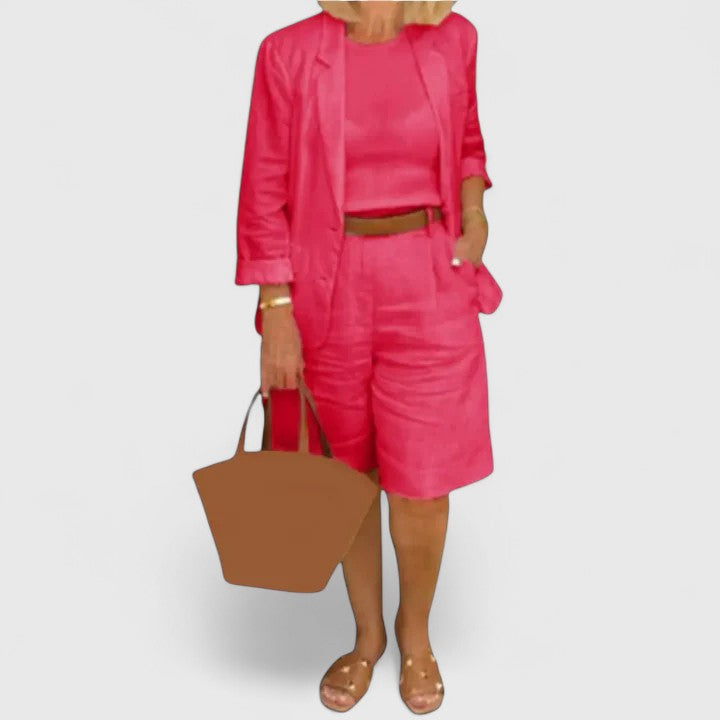 Women's resort wear blazer & Bermuda shorts two-piece set. Perfect vacation outfit, a chic summer day-to-night look.