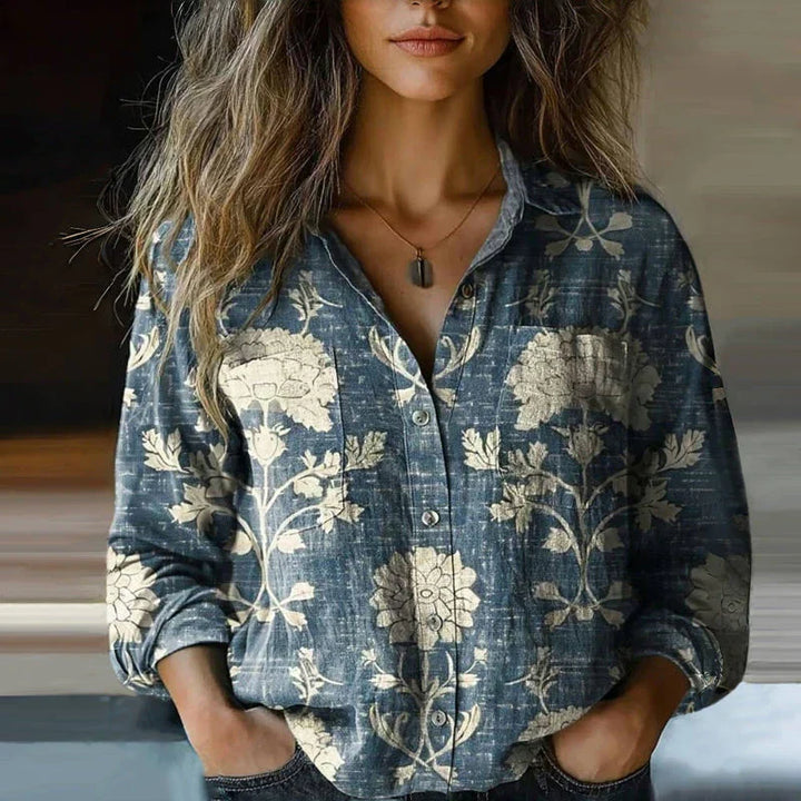 Printed women's boho blouse with a unique vintage design, a comfortable and versatile top for casual summer fashion.