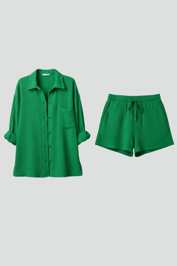 Women's relaxed button-up shirt & shorts lounge set for comfortable casual wear.