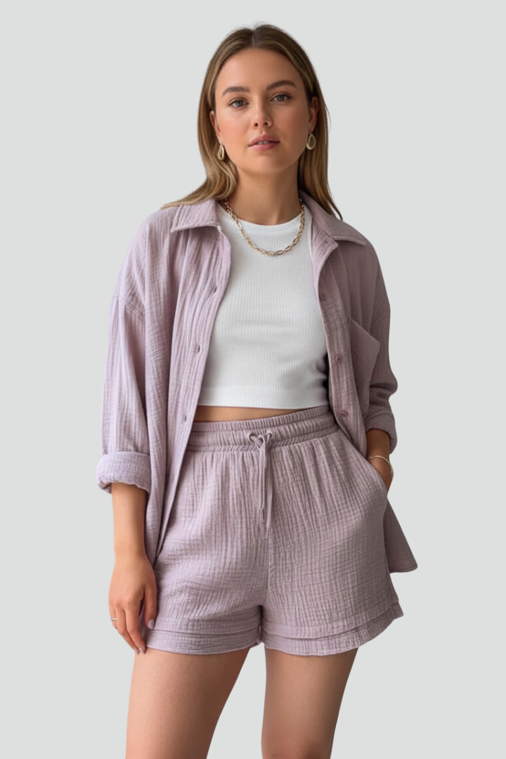 Versatile women's relaxed shorts lounge set featuring a button-up shirt for casual styling.