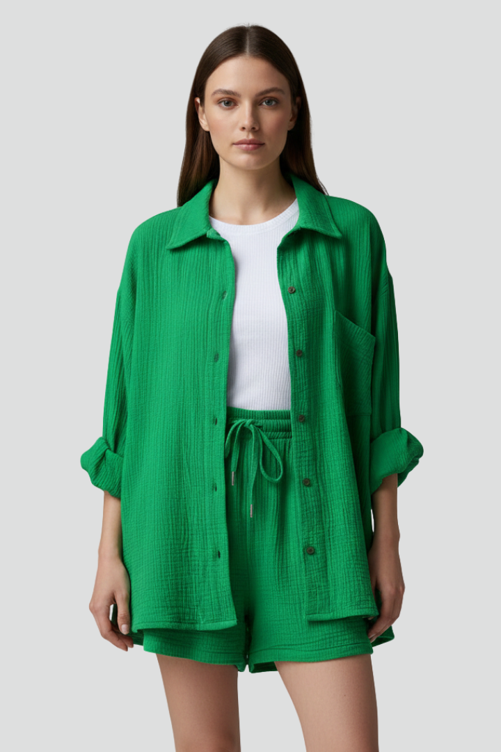 Stylish long sleeve button-up shirt & matching shorts, a women's relaxed lounge set.
