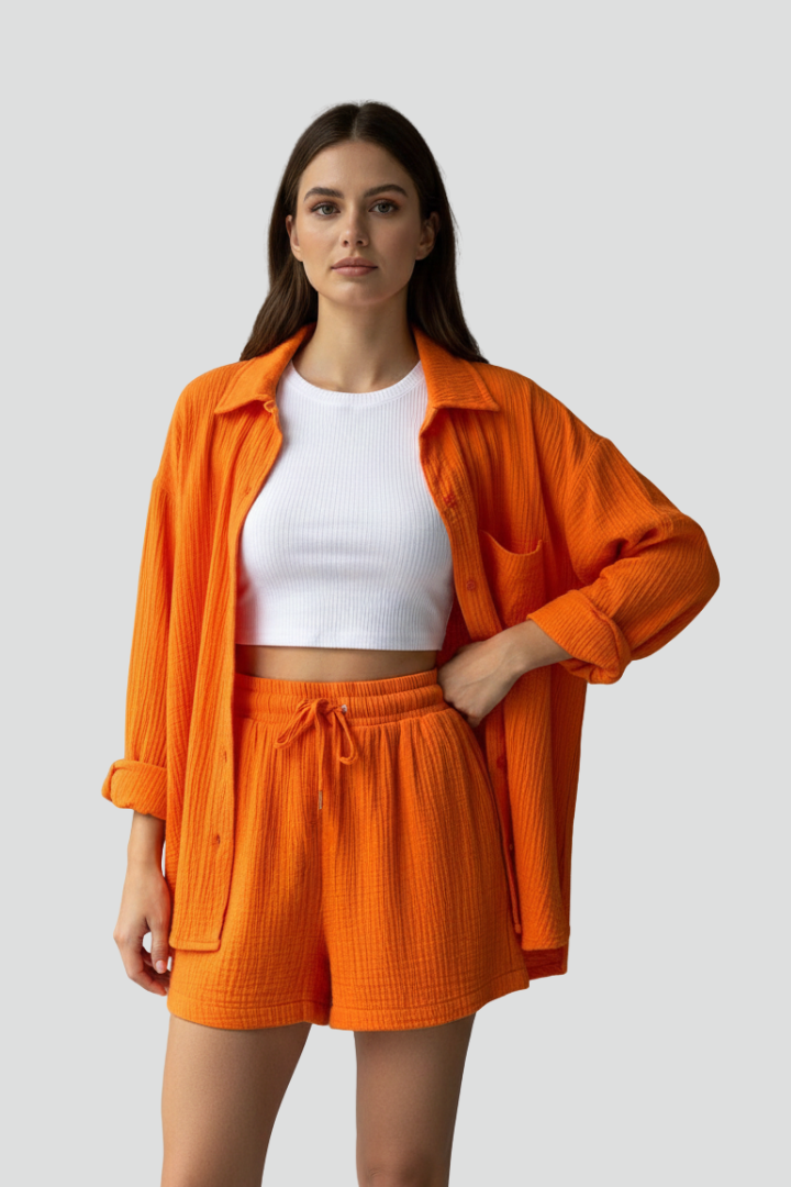 Women's casual long sleeve button-up shirt & matching shorts, a comfortable two-piece set.
