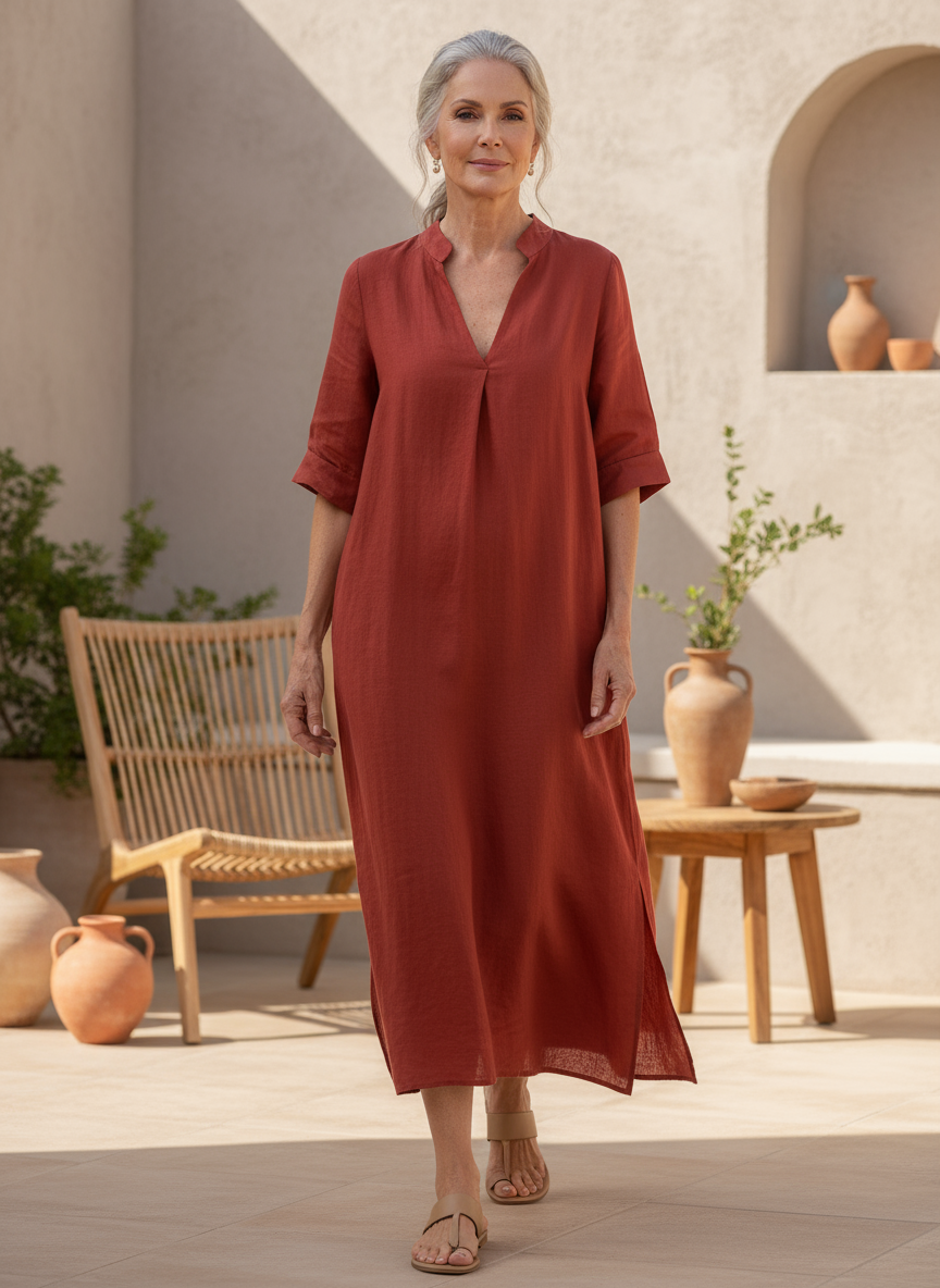 Women's relaxed casual maxi dress with V-neck, perfect for comfortable summer style & versatile everyday wear.
