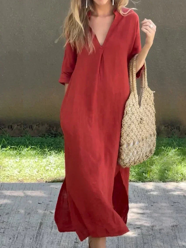 Chic women's V-neck long maxi dress, ideal for casual summer days, offering effortless style & comfort.