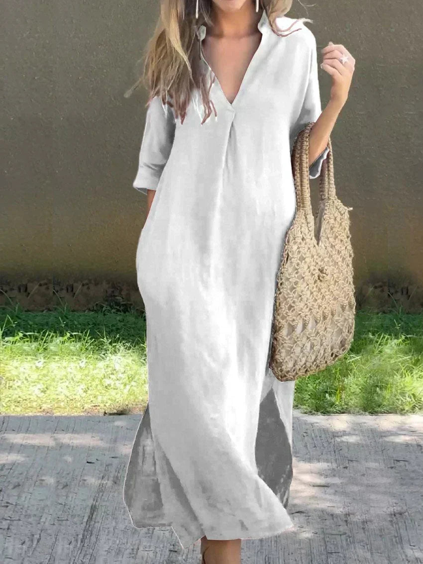 Simple & chic V-neck casual maxi dress for women, an effortless summer outfit for relaxed everyday style.