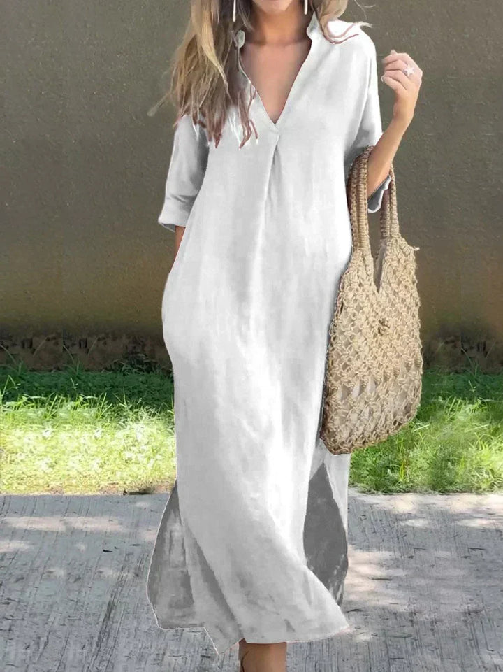 Simple & chic V-neck casual maxi dress for women, an effortless summer outfit for relaxed everyday style.