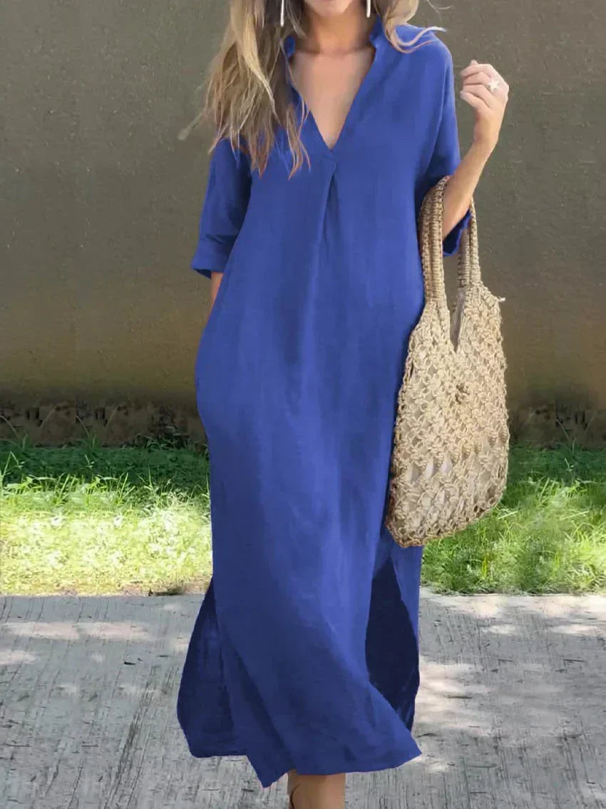 Comfortable women's relaxed maxi dress with V-neck, perfect for chic casual summer fashion & versatile wear.