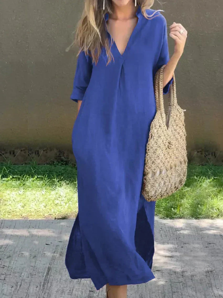 Comfortable women's relaxed maxi dress with V-neck, perfect for chic casual summer fashion & versatile wear.