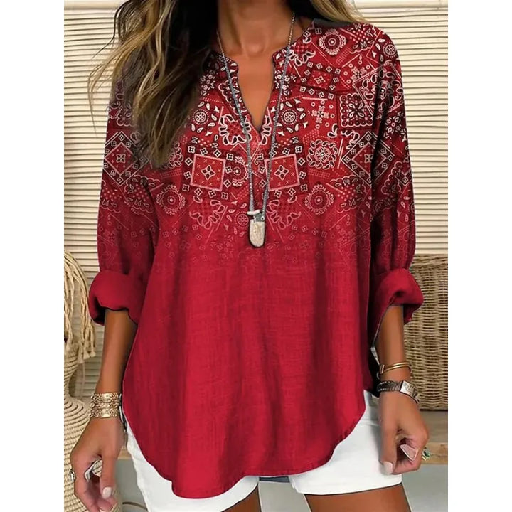 Women's relaxed fit blouse with split neck, three-quarter folded cuffs, perfect for casual everyday fashion.