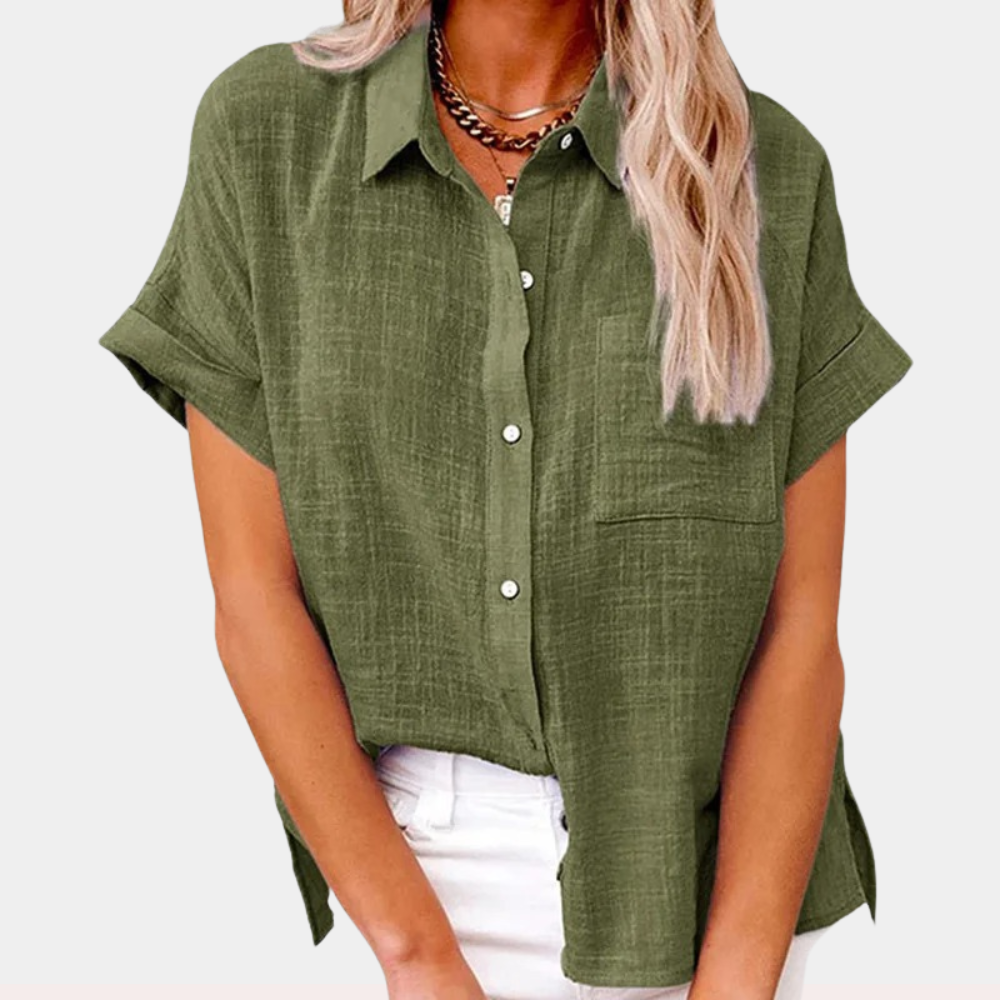 Stylish women's short sleeve button down blouse, comfortable & versatile for everyday fashion.