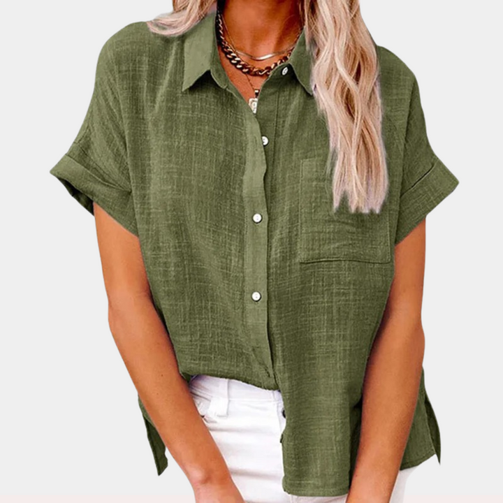 Stylish women's short sleeve button down blouse, comfortable & versatile for everyday fashion.