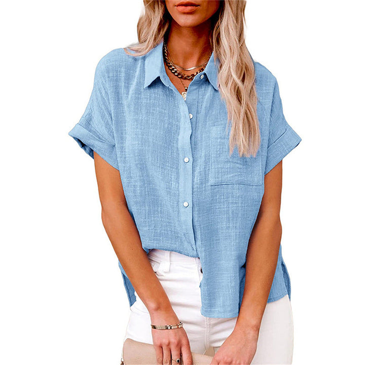 Short sleeve relaxed fit button down blouse for women, a stylish and comfy summer top.