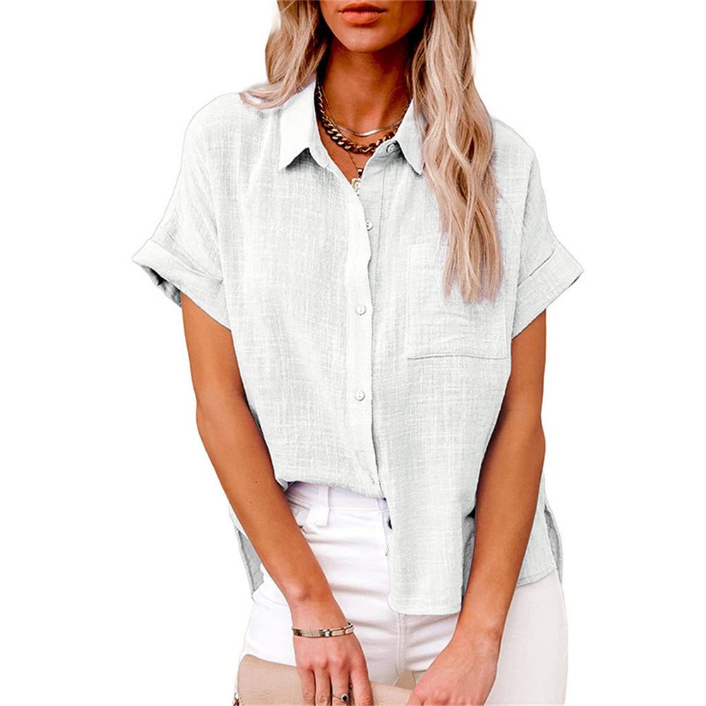 Summer essential: women's relaxed fit short sleeve button down blouse for stylish casual wear.