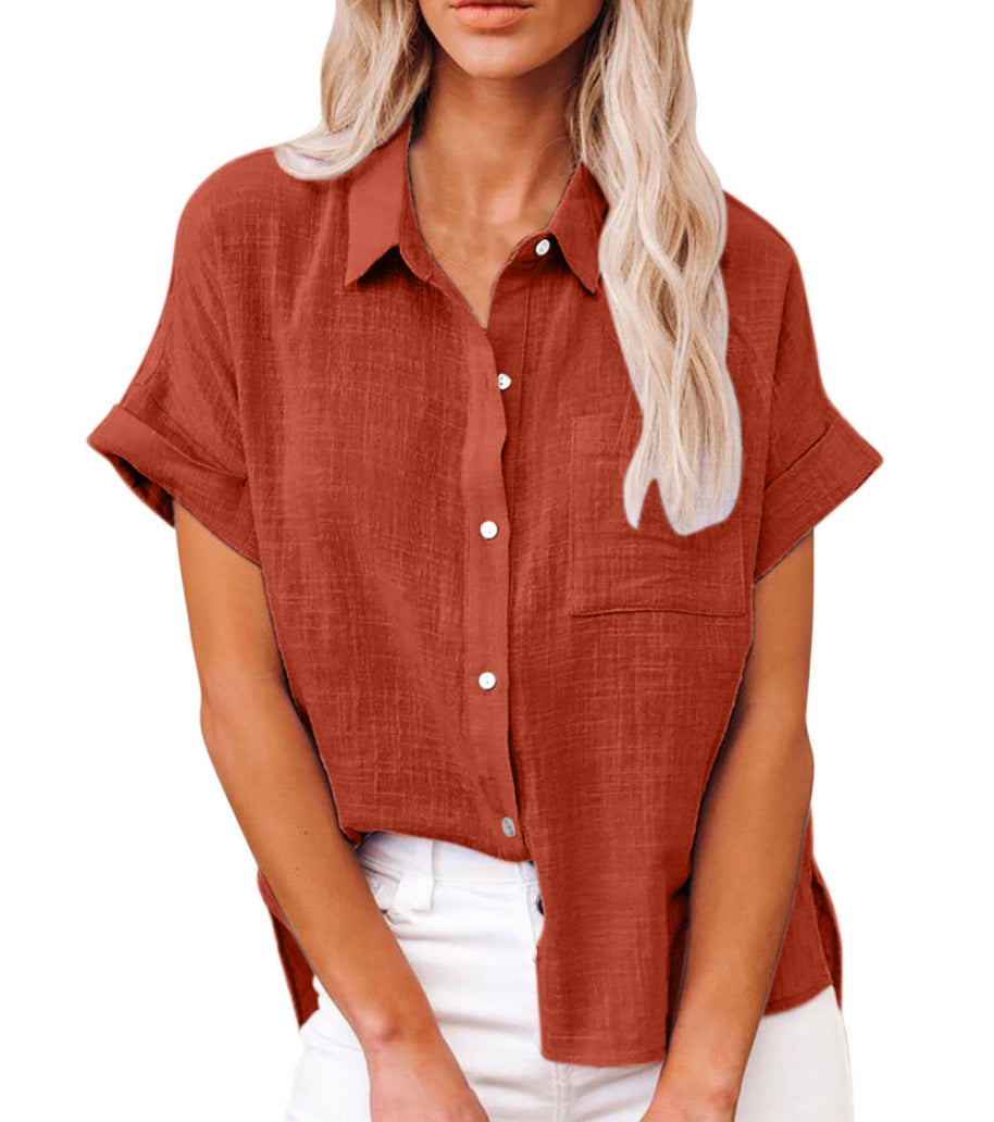 Fashionable women's button down blouse, relaxed fit short sleeve for comfort & style.
