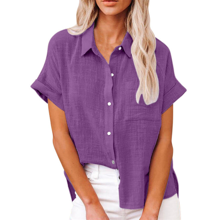 Women's versatile relaxed fit button down blouse, a stylish short sleeve top for women's fashion.