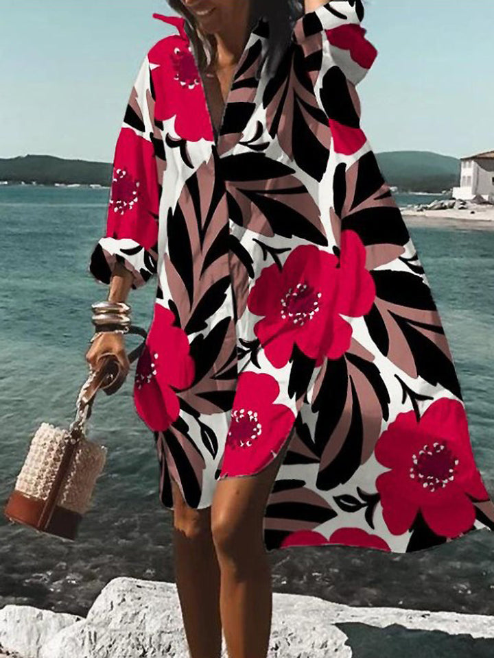 Women's relaxed fit button-down midi shirt dress with short sleeves, perfect for casual summer wear.