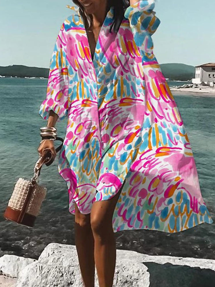 Casual elegant women's midi shirt dress. Button-down, short sleeve, flowy, ideal for summer fashion.