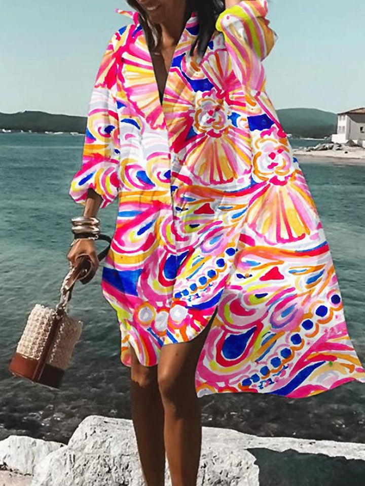 Women's short sleeve button-down midi shirt dress in a relaxed fit. Casual, versatile, and elegant for summer.